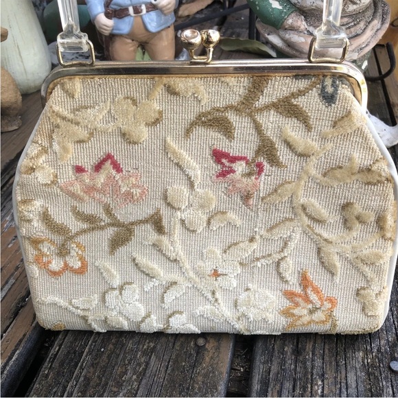 Floral Tapestry Burned Velvet Carpet Bag Purse Lucite Vintage Pink Green 50s 60s - Picture 5 of 10